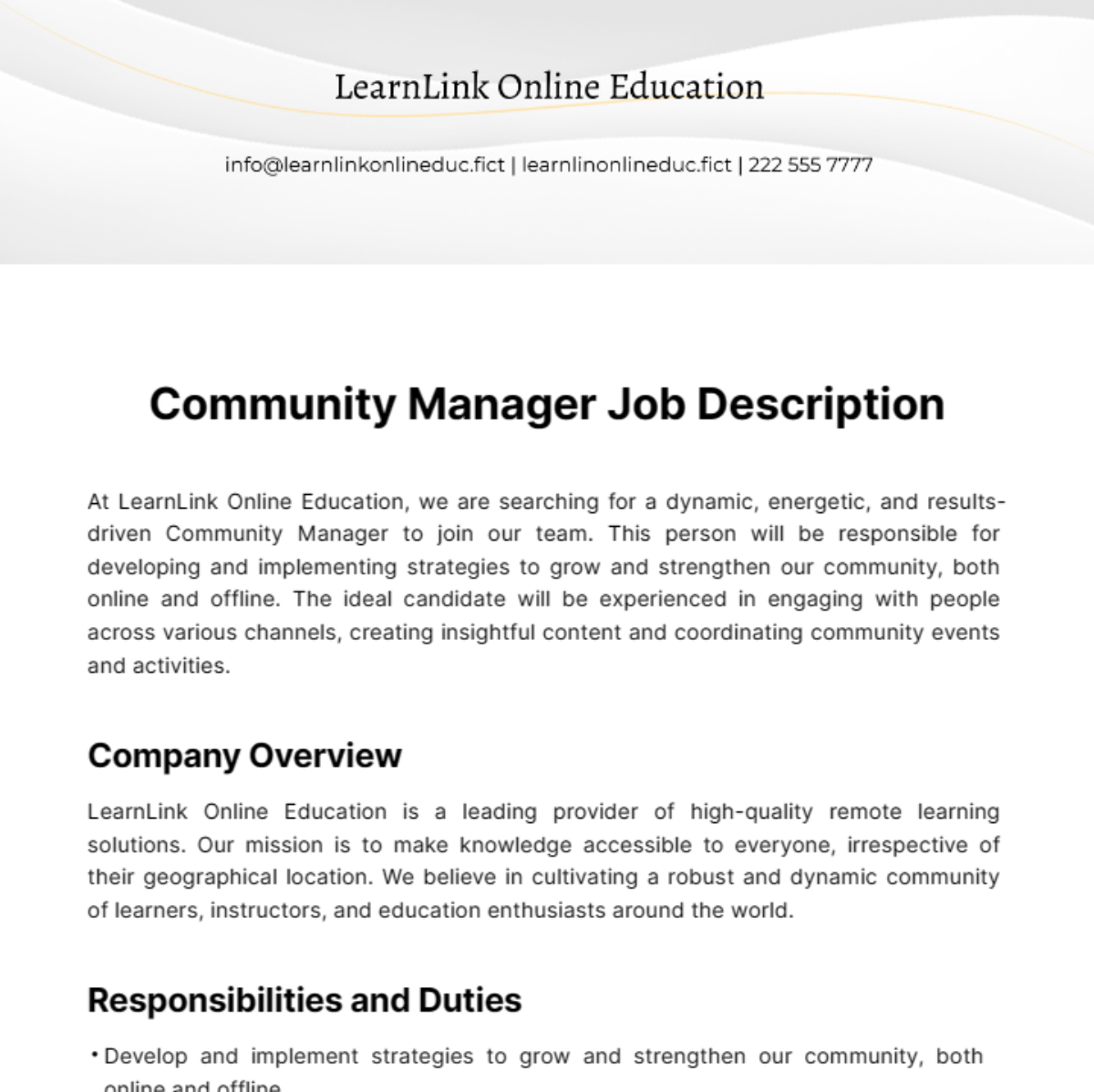 Community Manager Job Description Template