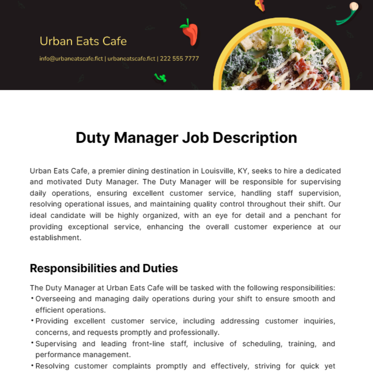 Duty Manager Job Description Template