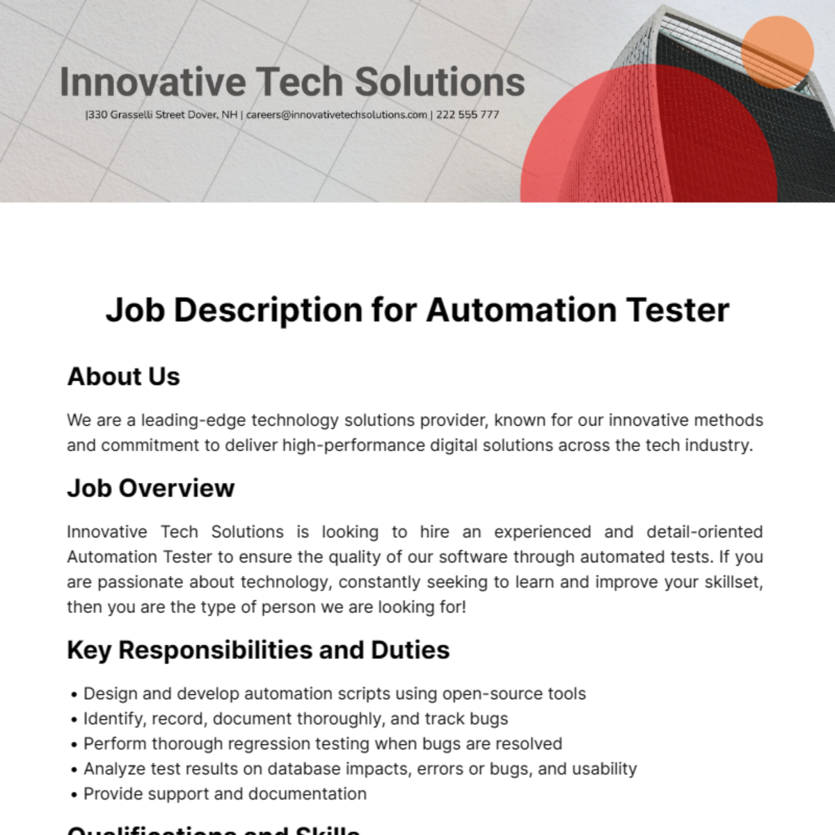 Job Description for Automation Tester Template