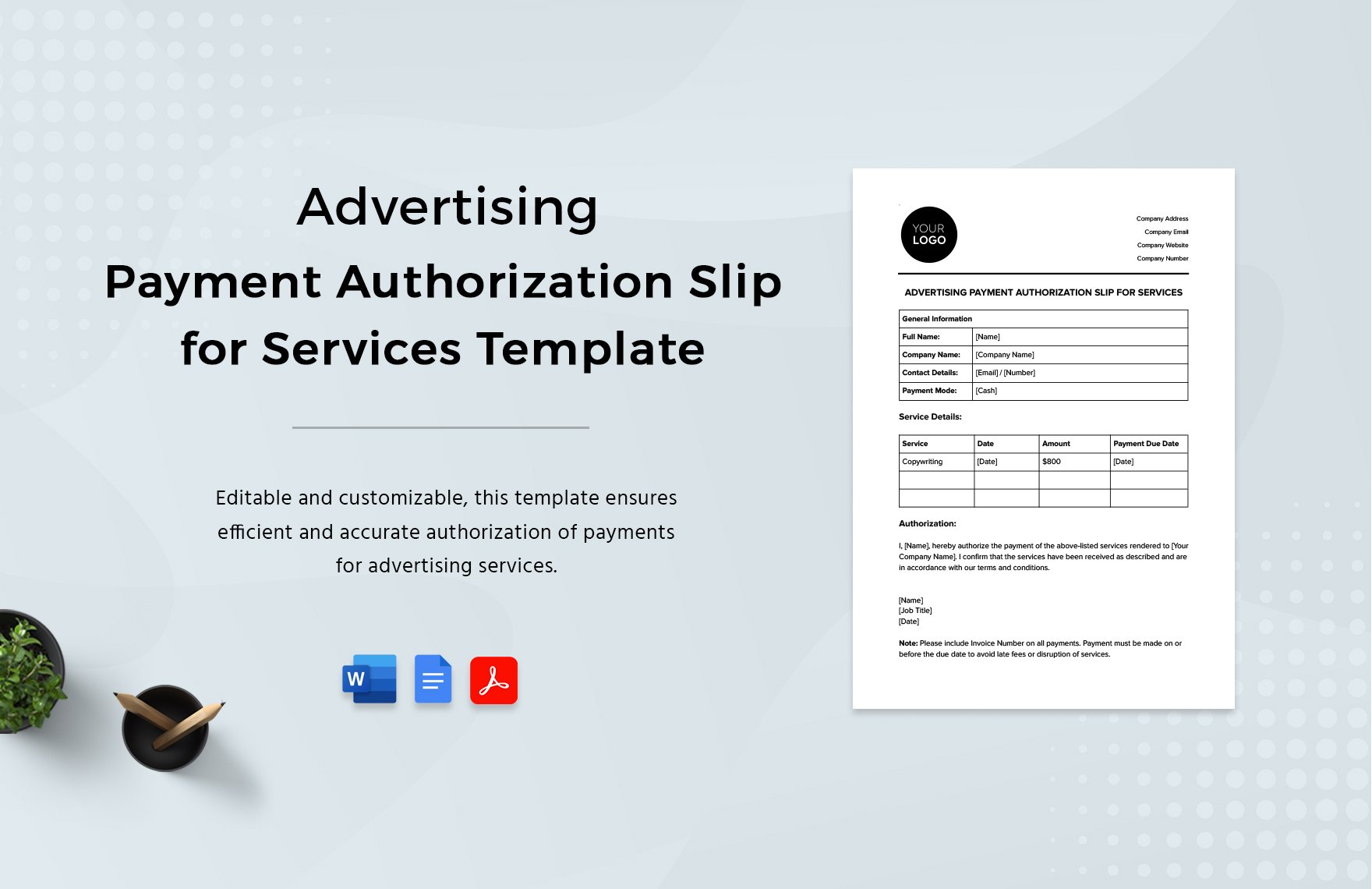 Advertising Payment Authorization Slip for Services Template in Word, Google Docs, PDF