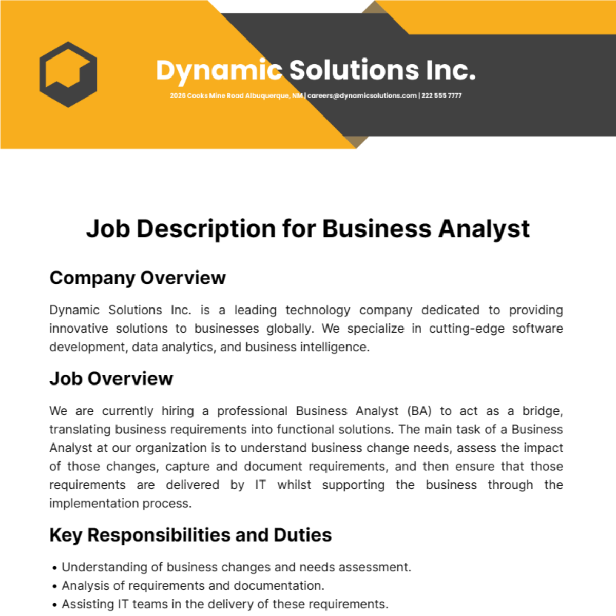 Job Description for Business Analyst Template