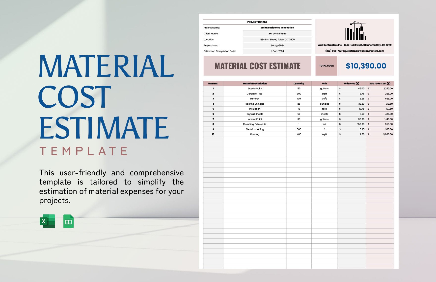 Material Cost Estimate Template