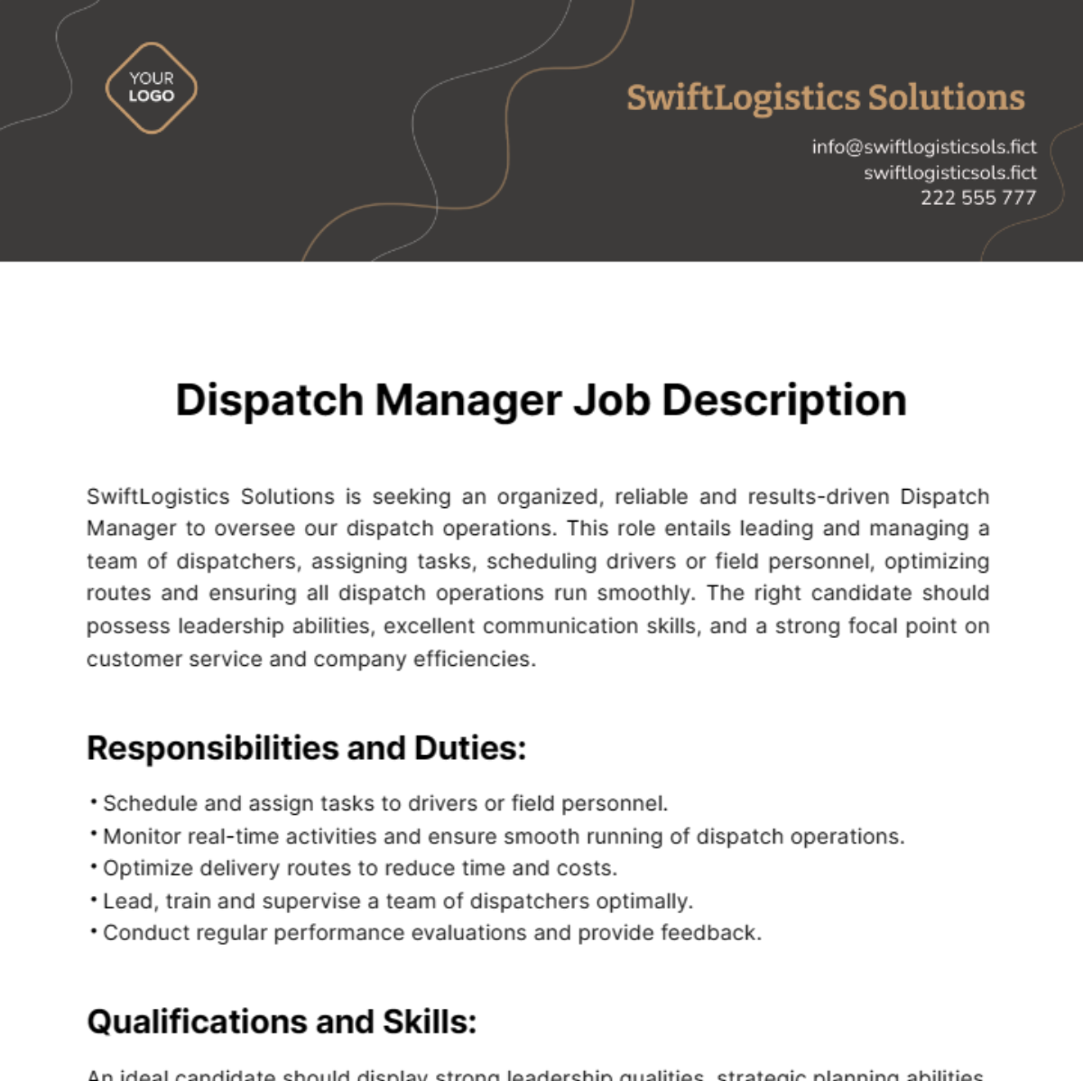 Dispatch Manager Job Description Template