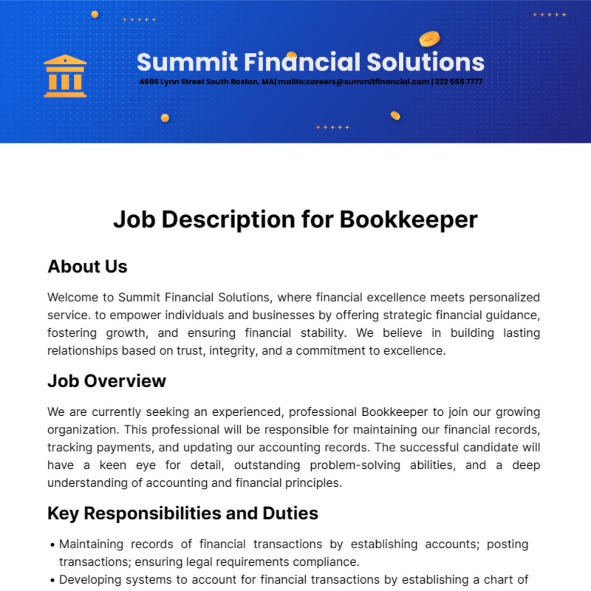 Job Description for Bookkeeper Template