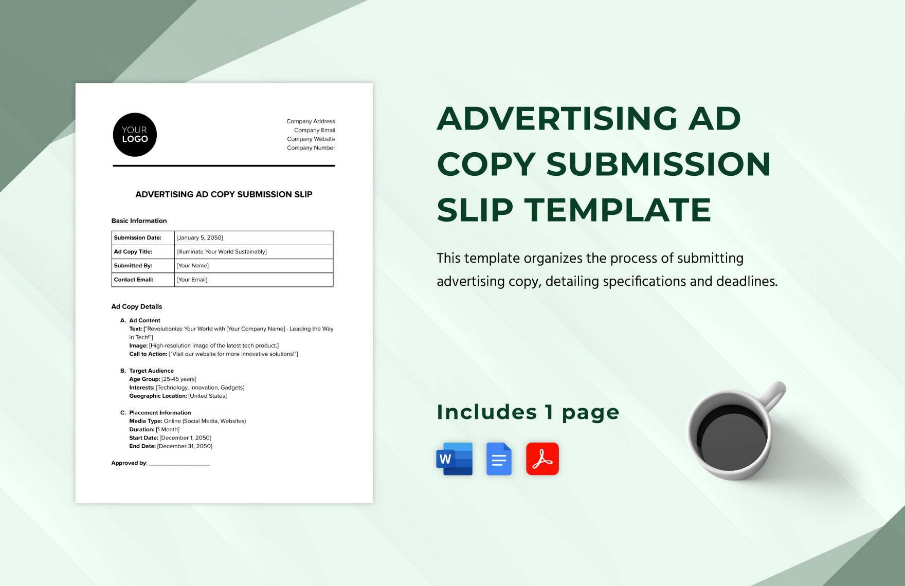 Advertising Ad Copy Submission Slip Template in Word, Google Docs, PDF