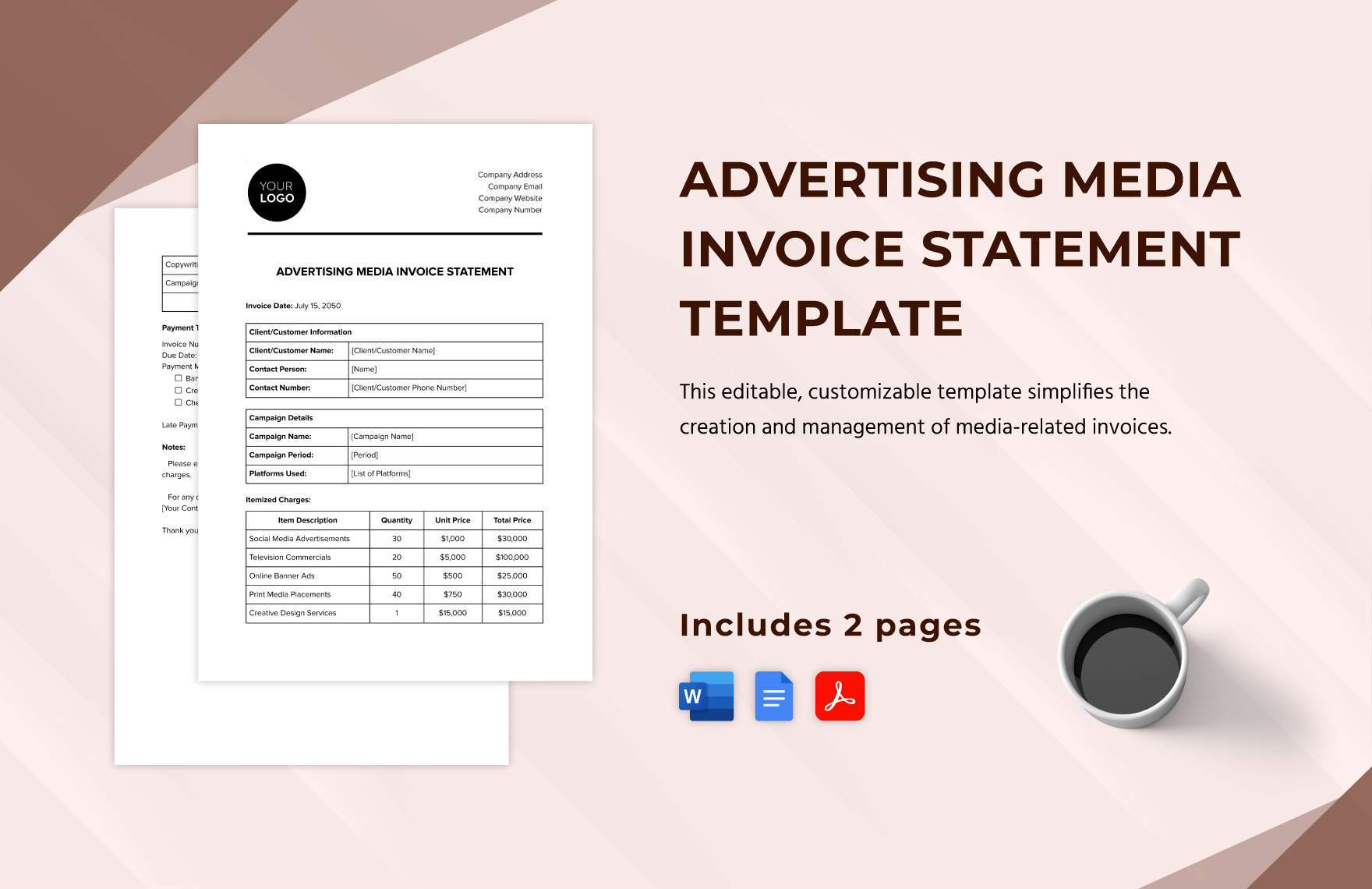 Advertising Media Invoice Statement Template in Word, Google Docs, PDF