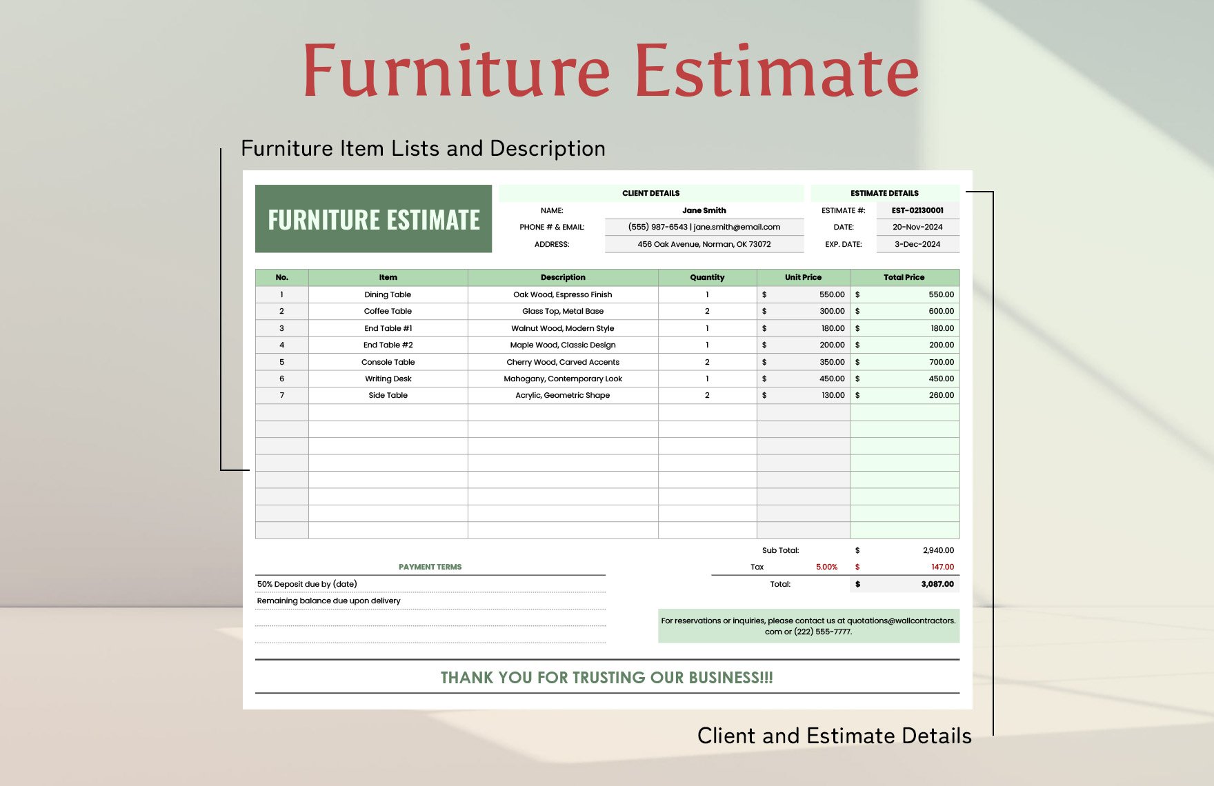 Furniture Estimate Template