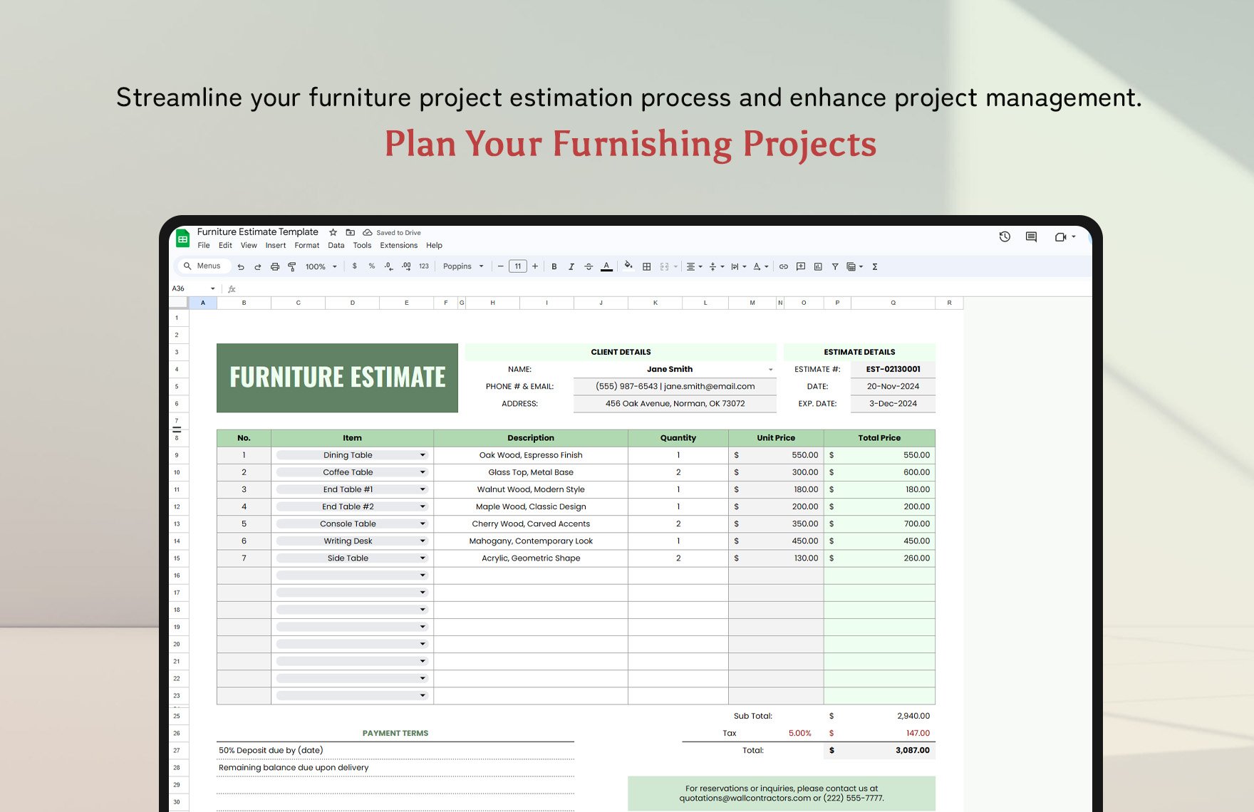 Furniture Estimate Template in Excel, Google Sheets - Download ...