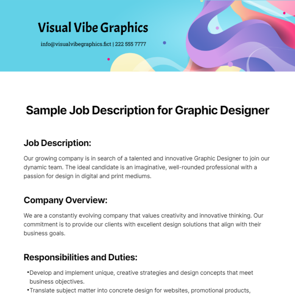 Sample Job Description for Graphic Designer Template