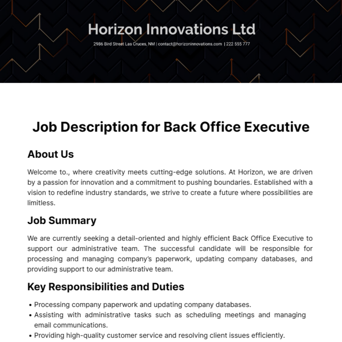 Job Description for Back Office Executive Template