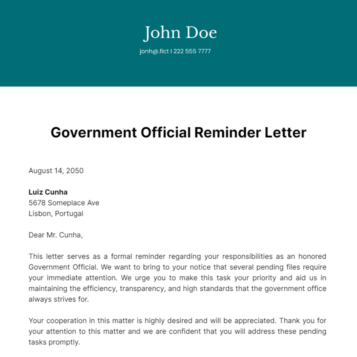 Free Government Official Reminder Letter Template