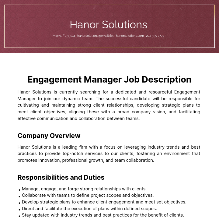 Engagement Manager Job Description Template