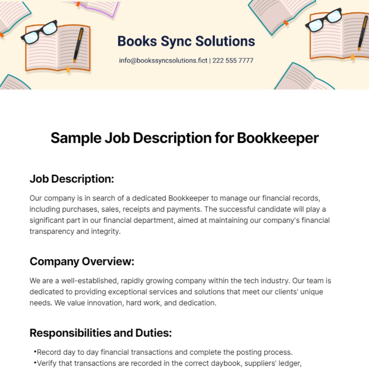 Sample Job Description for Bookkeeper Template