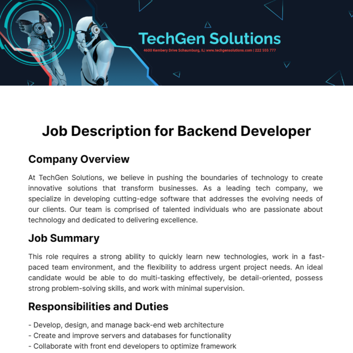 Job Description for Backend Developer Template