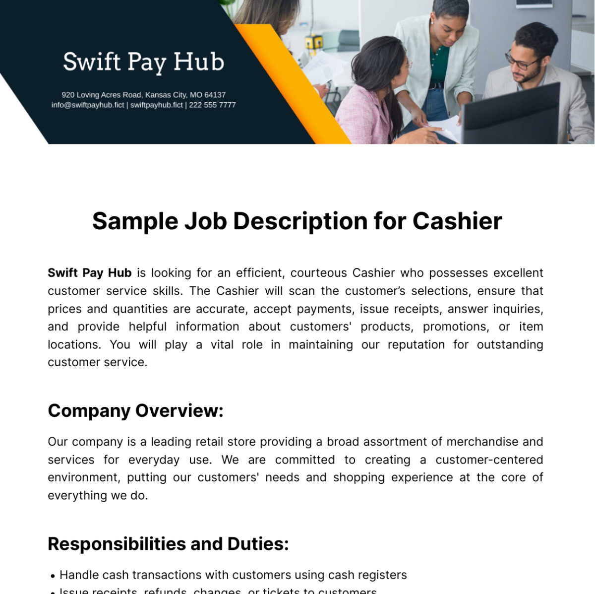 Sample Job Description for Cashier Template