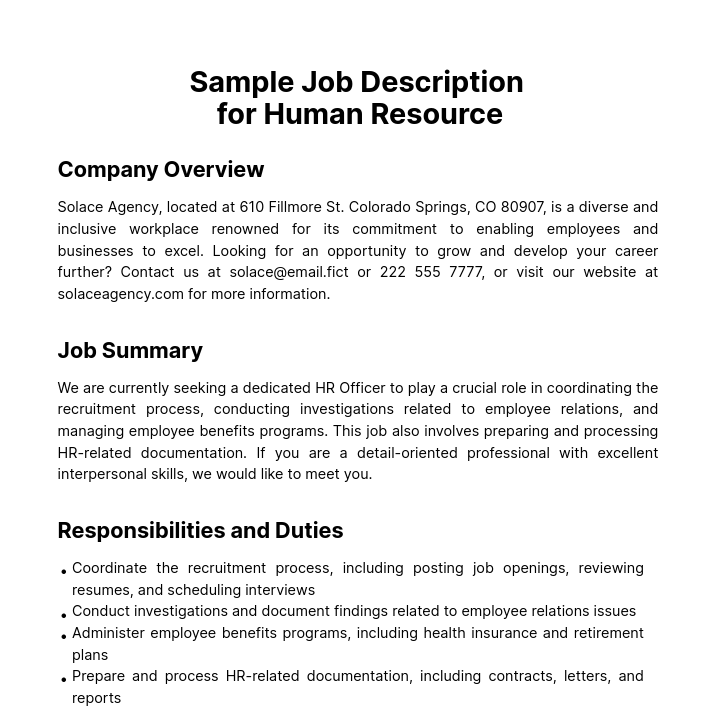 Sample Job Description for Human Resource Template