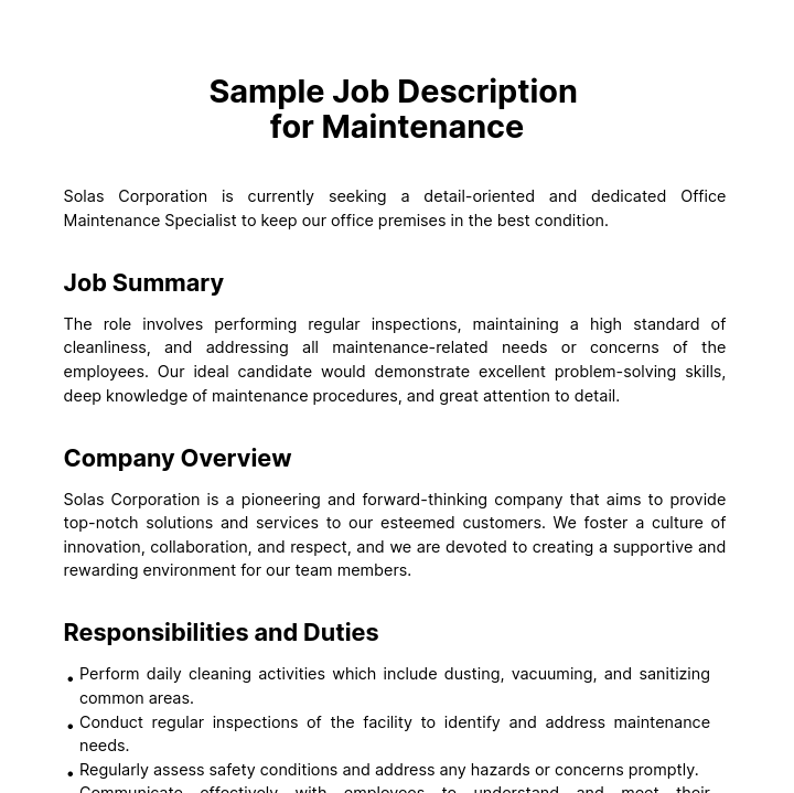 Sample Job Description for Maintenance Template