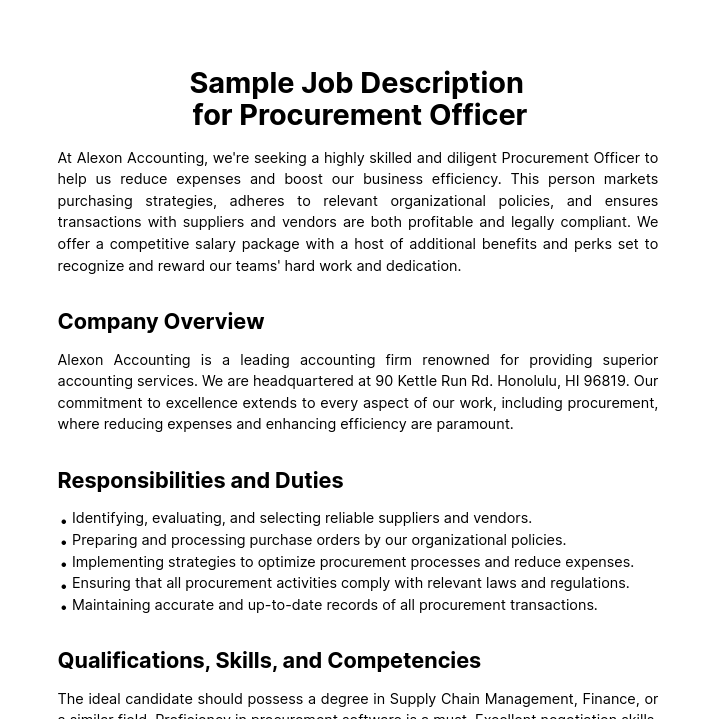 Sample Job Description for Procurement Officer Template