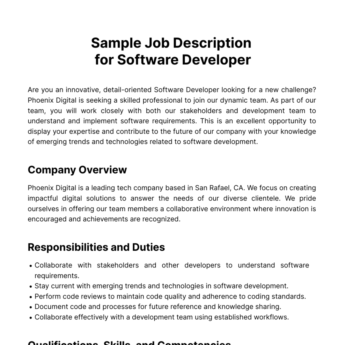 Sample Job Description for Software Developer Template