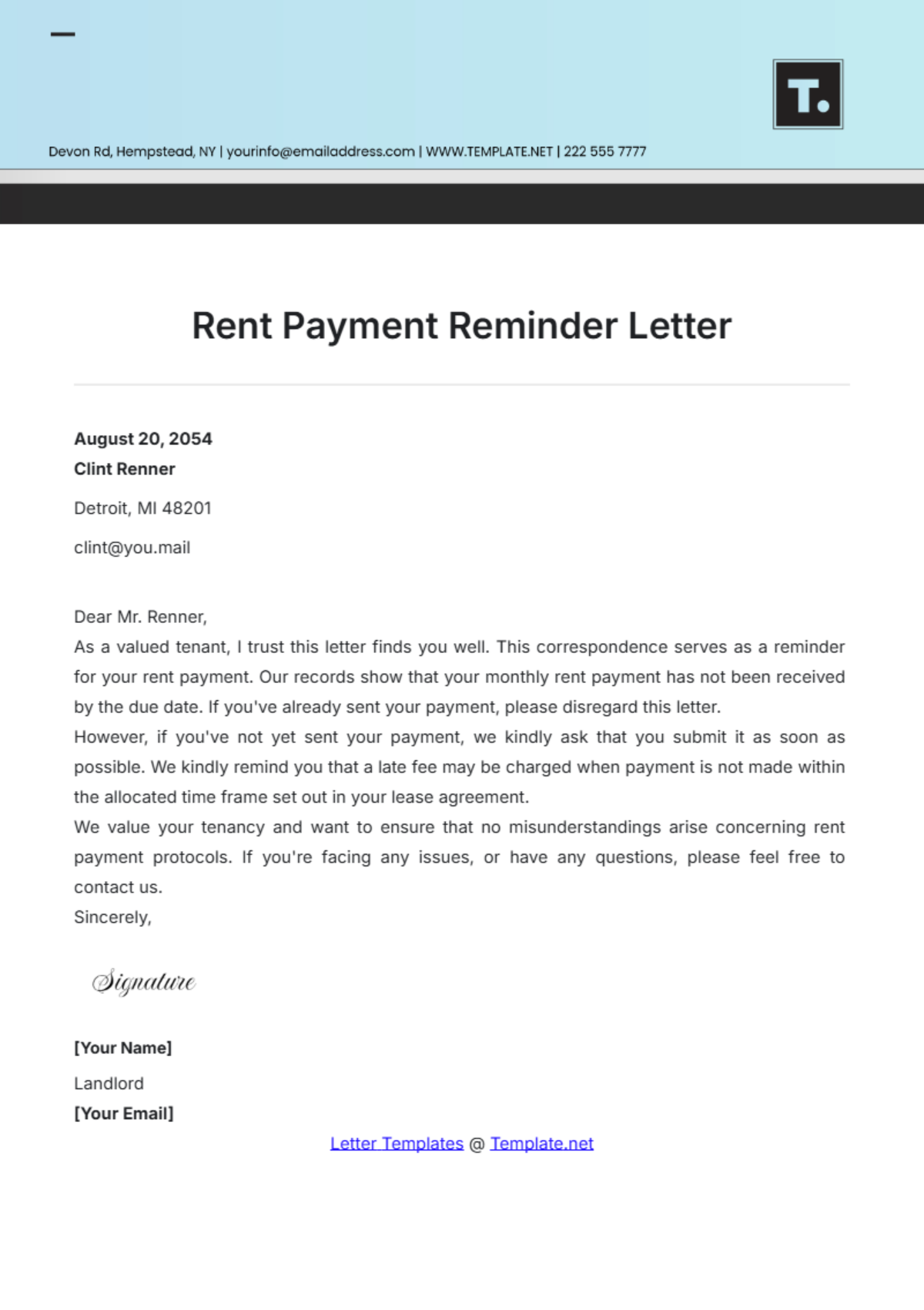 Rent Payment Reminder Letter Template - Edit Online & Download