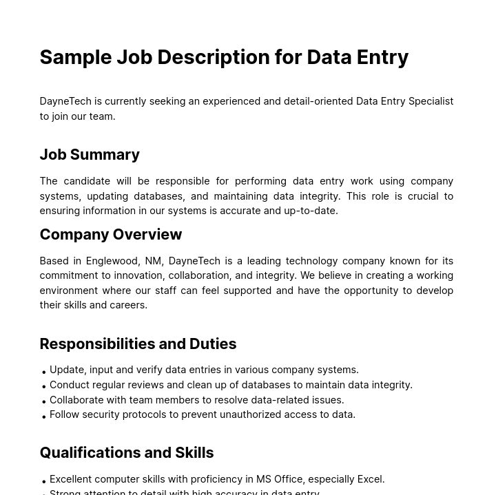 Sample Job Description for Data Entry Template
