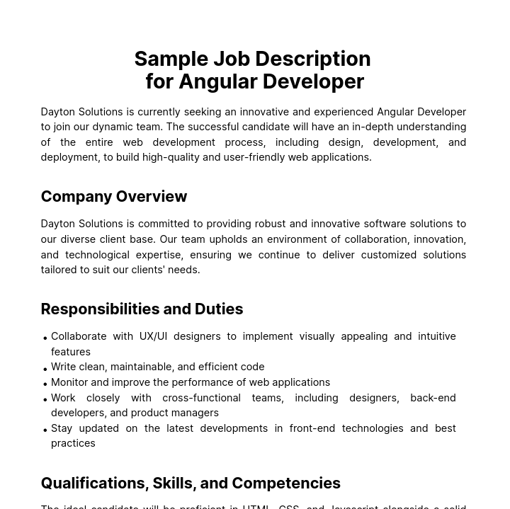 Sample Job Description for Angular Developer Template