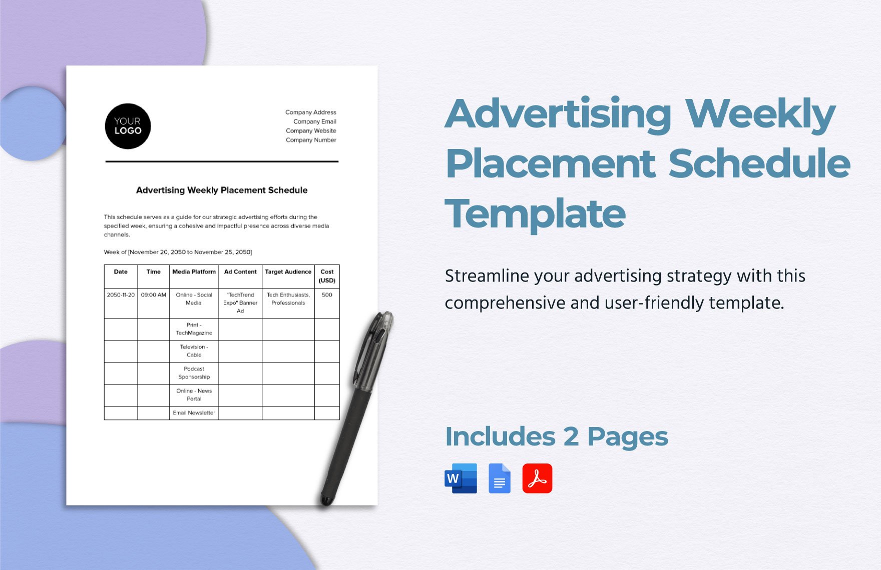 Advertising Weekly Placement Schedule Template in Word, Google Docs, PDF