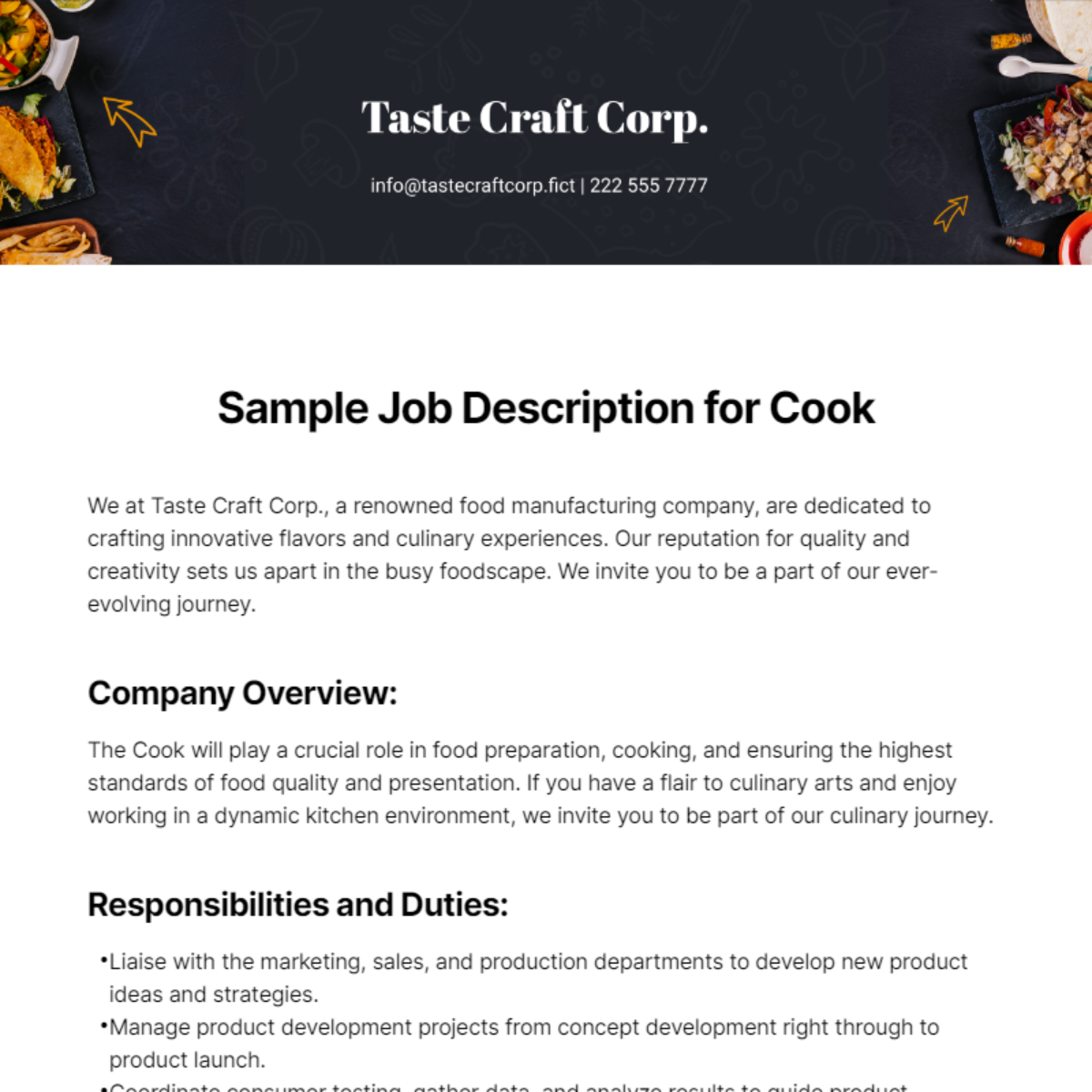 Sample Job Description for Cook Template