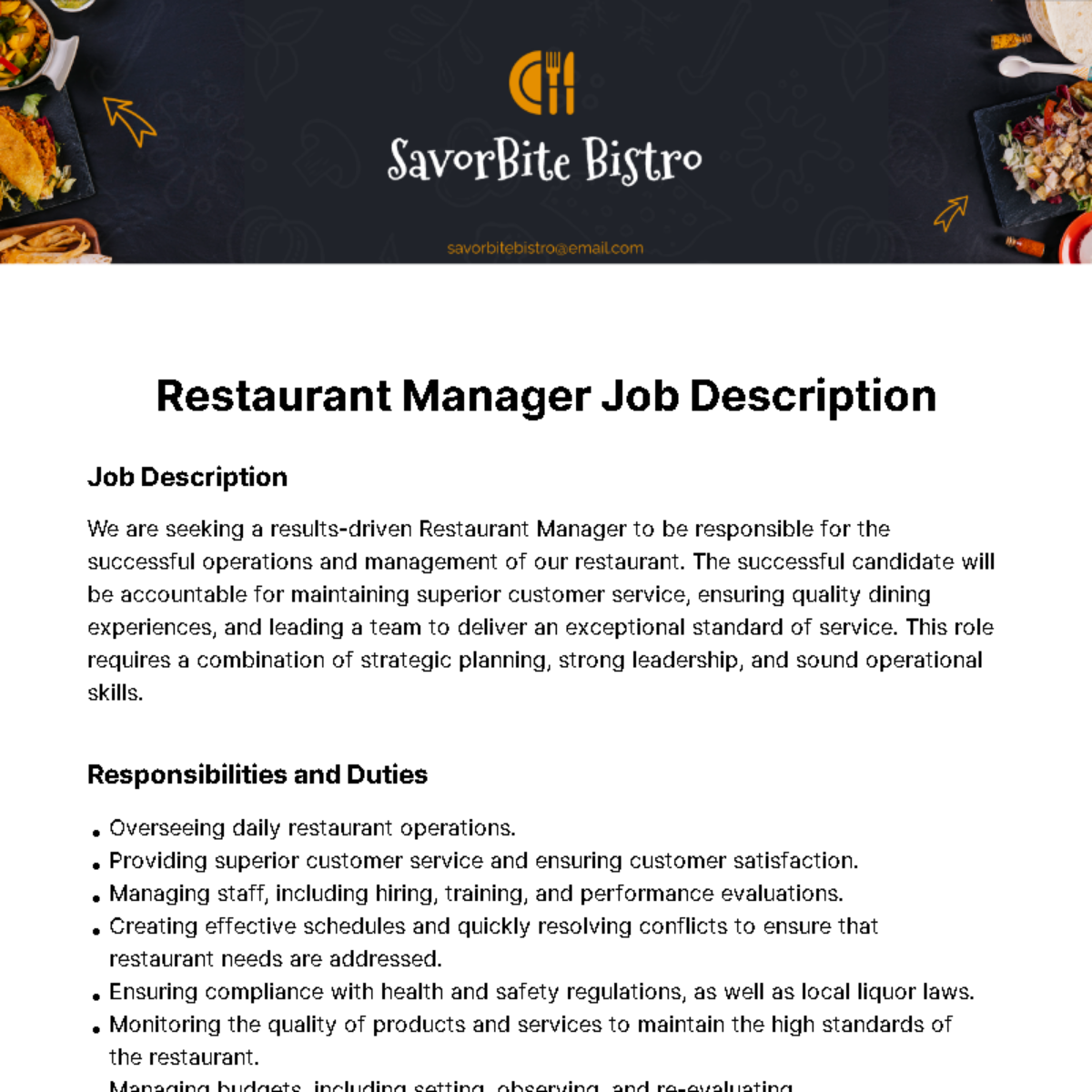 Restaurant Manager Job Description Template