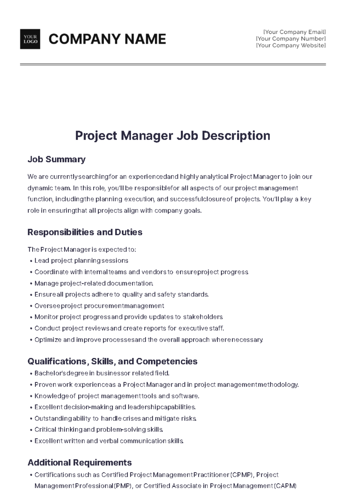 Project Manager Job Description - Edit Online & Download