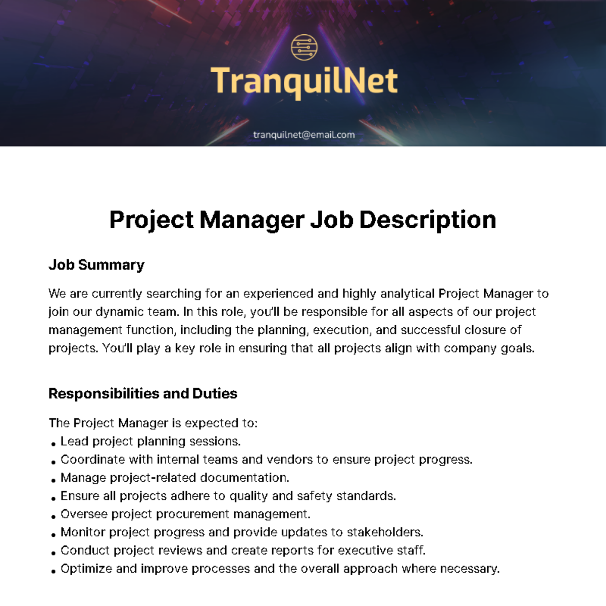 Project Manager Job Description Template