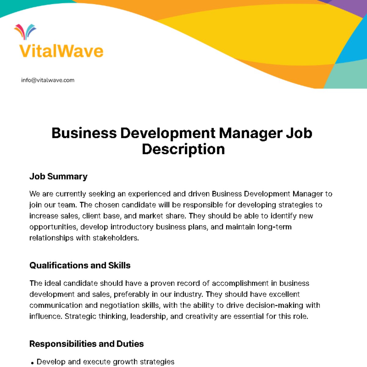 Business Development Manager Job Description Template