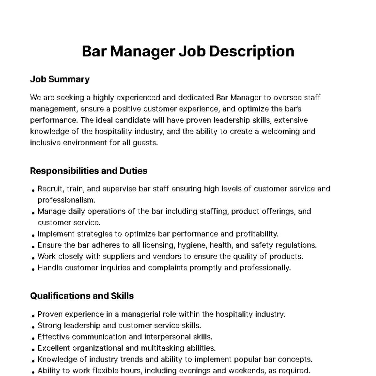 Bar Manager Job Description Template