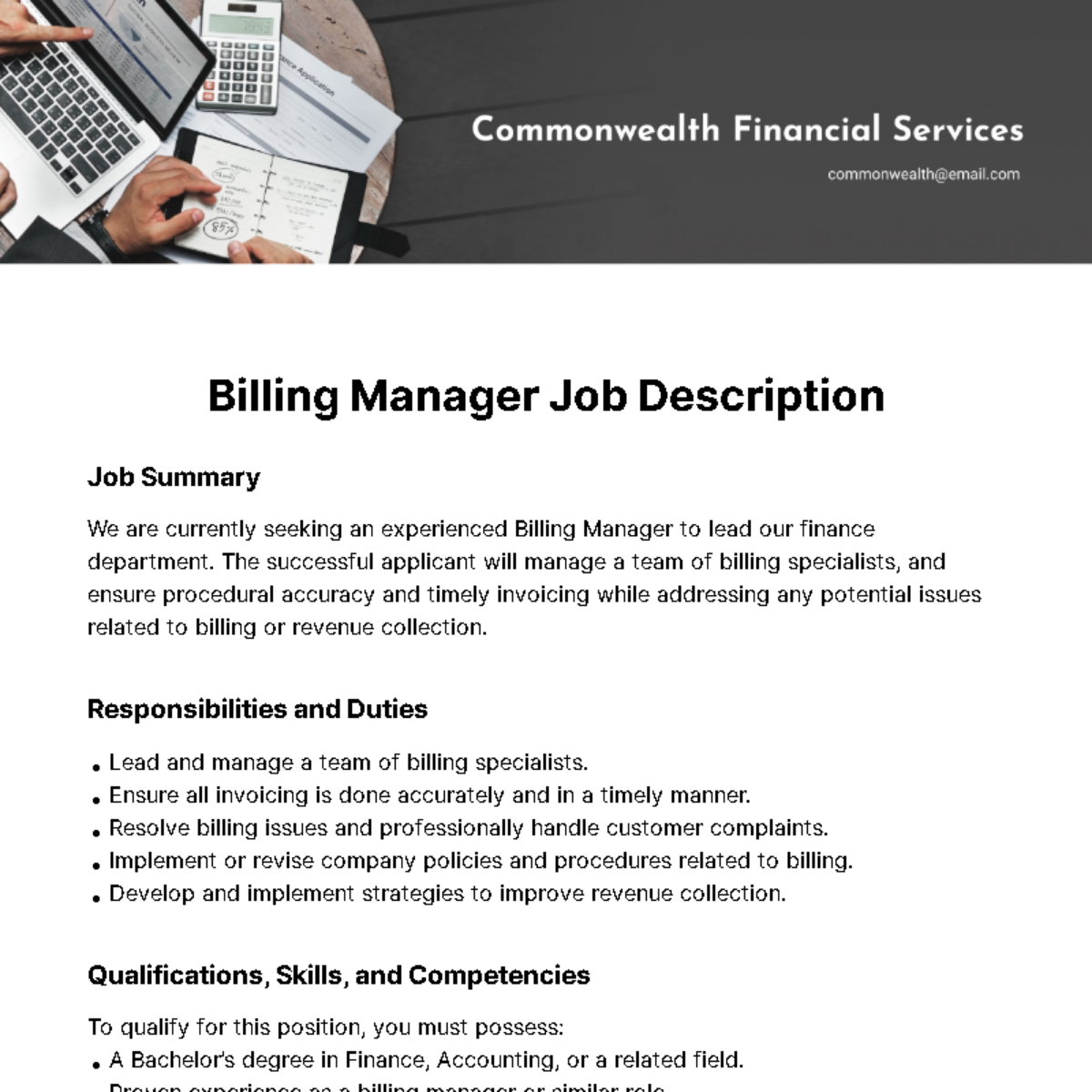Billing Manager Job Description Template