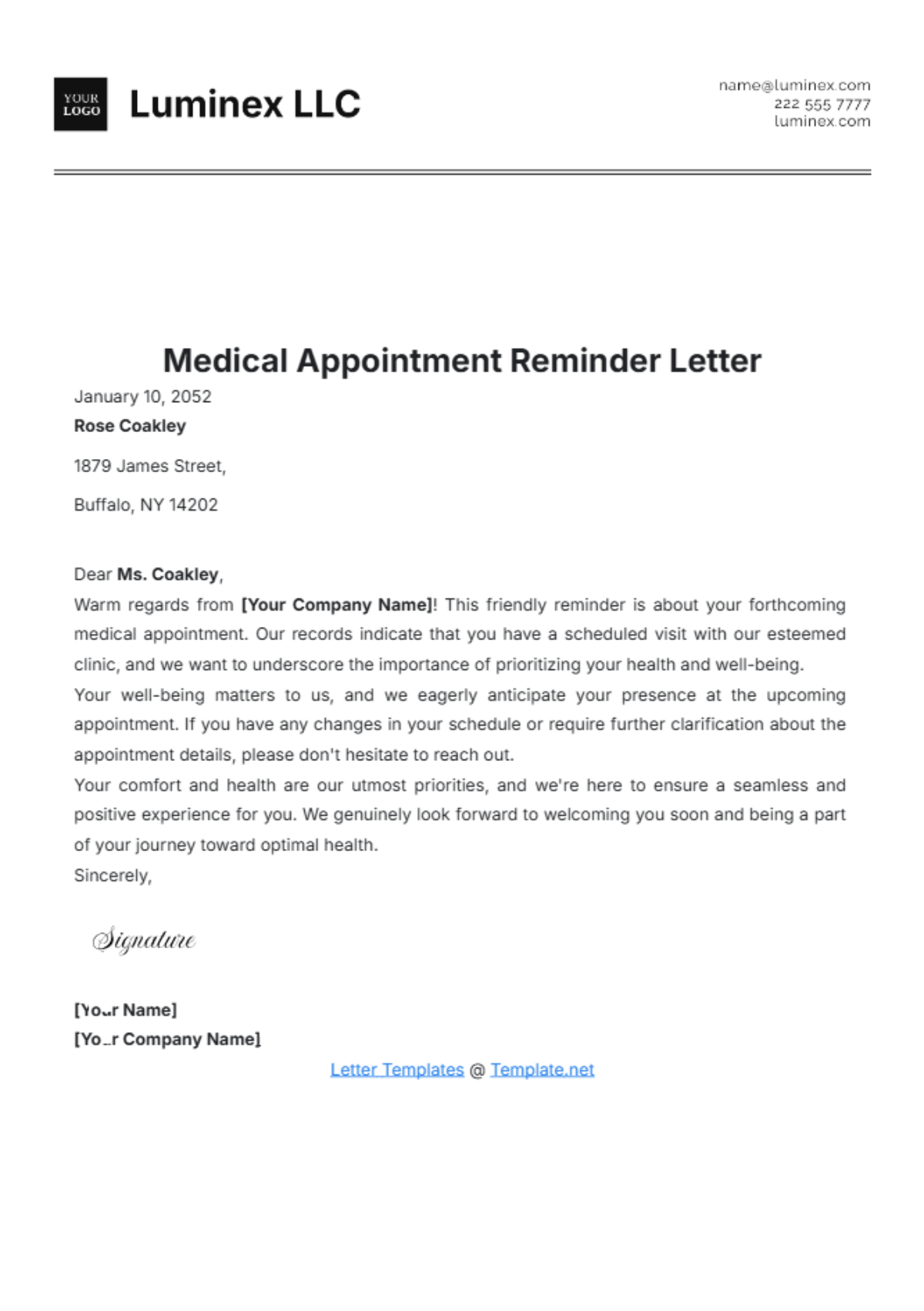 Medical Appointment Reminder Letter Template - Edit Online & Download