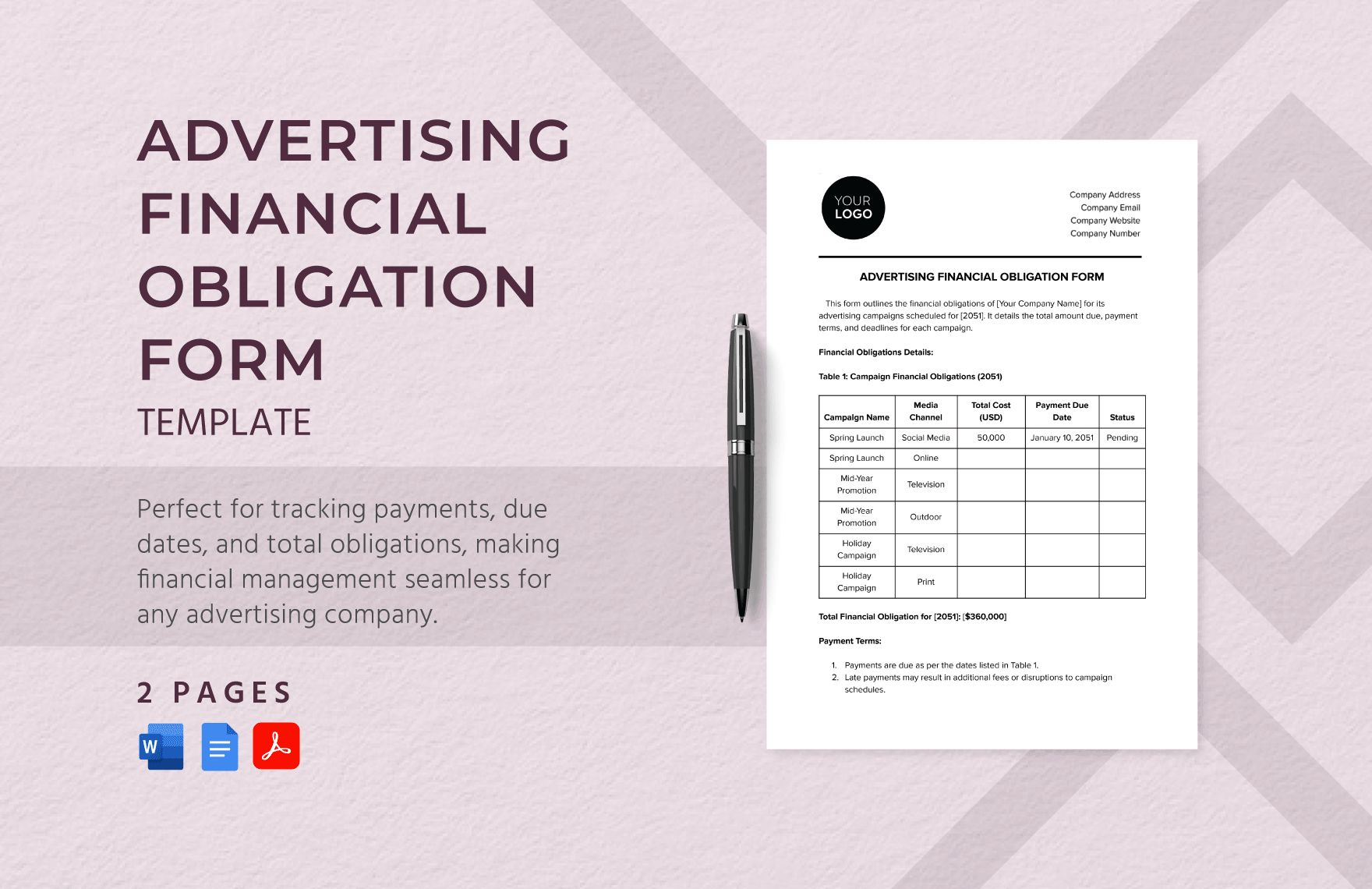 Advertising Financial Obligation Form Template in Word, Google Docs, PDF