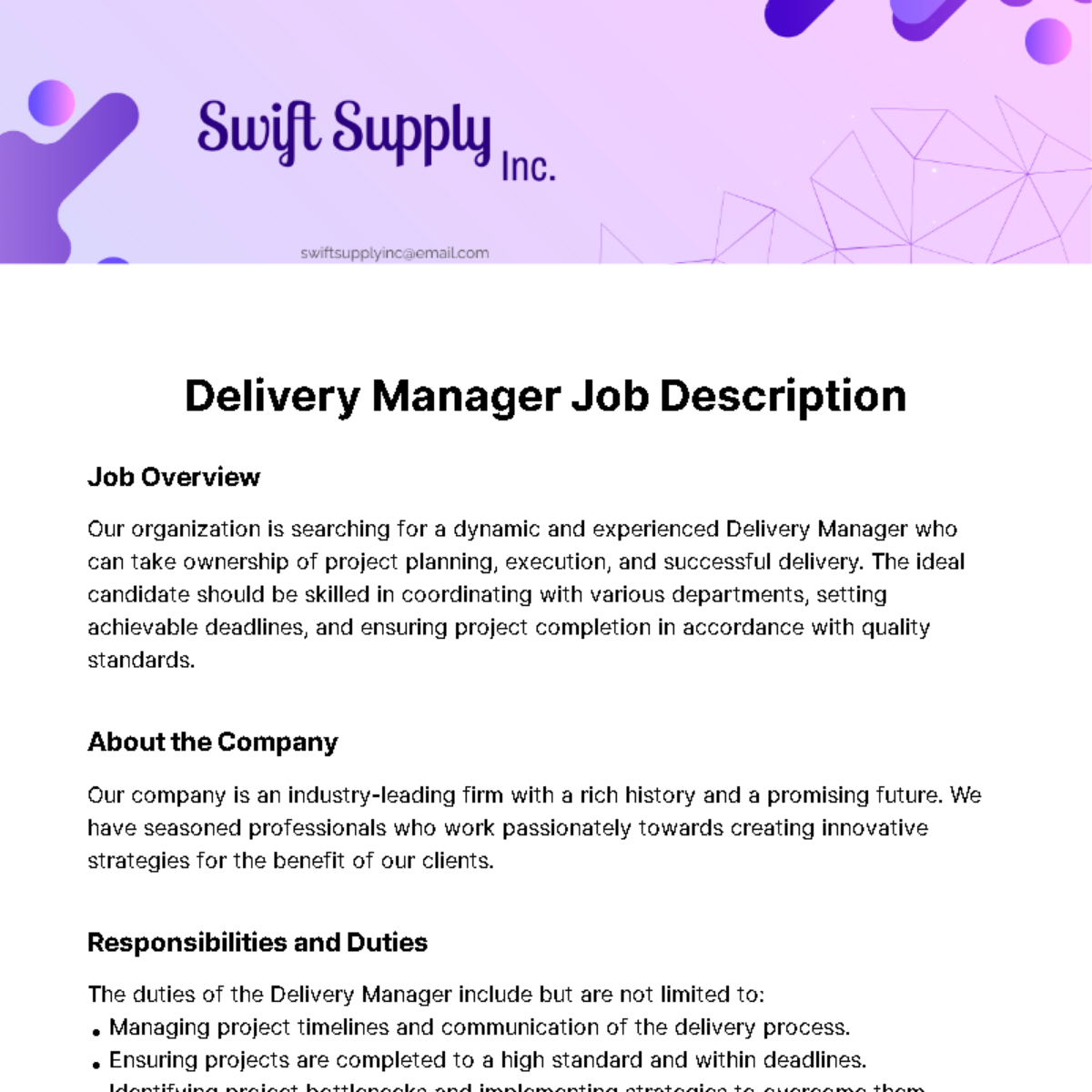 Delivery Manager Job Description Template