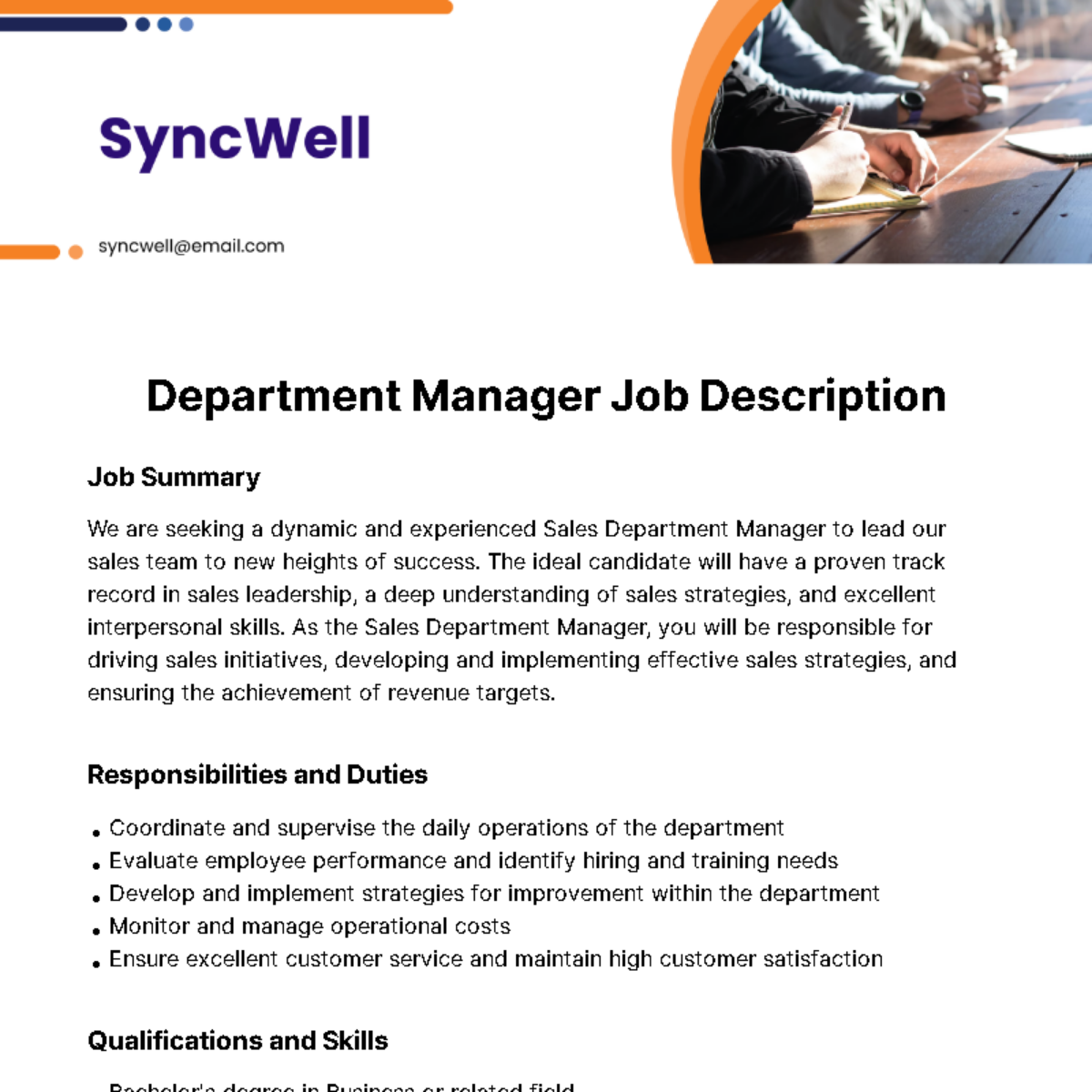 Department Manager Job Description Template