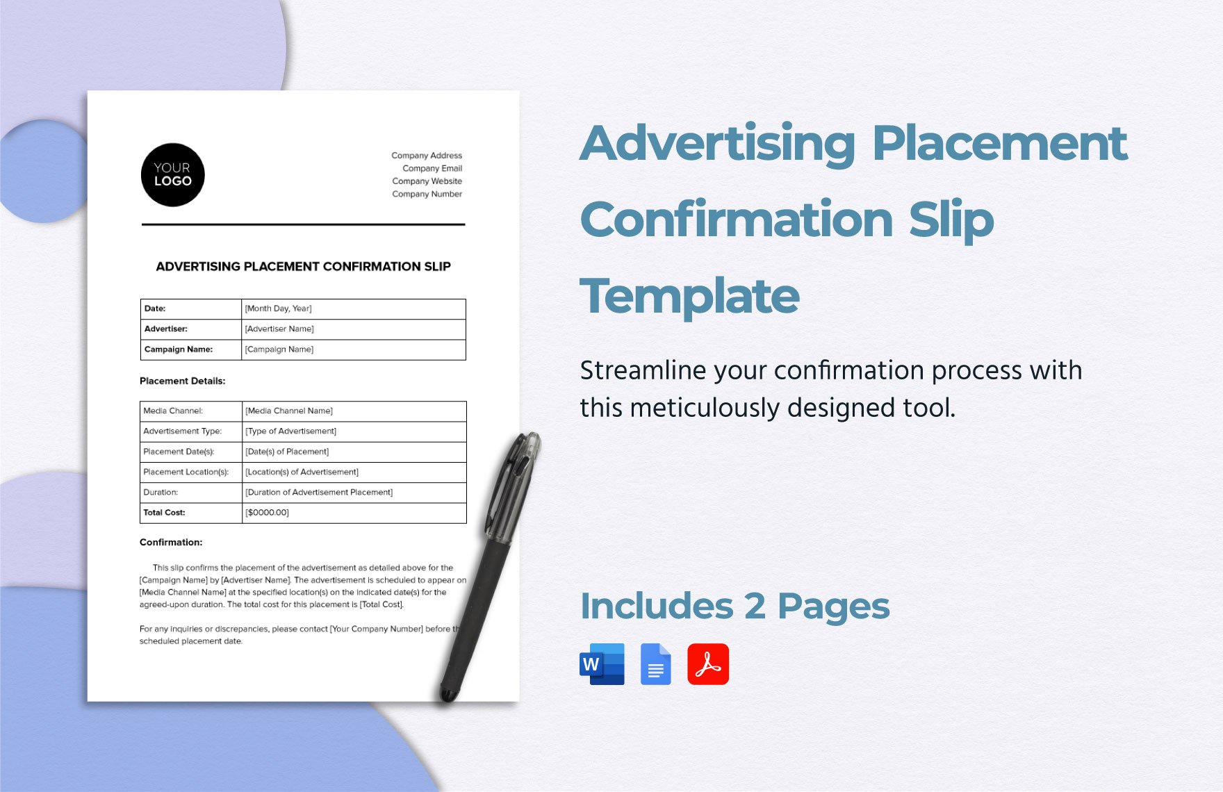 Advertising Placement Confirmation Slip Template in Word, Google Docs, PDF