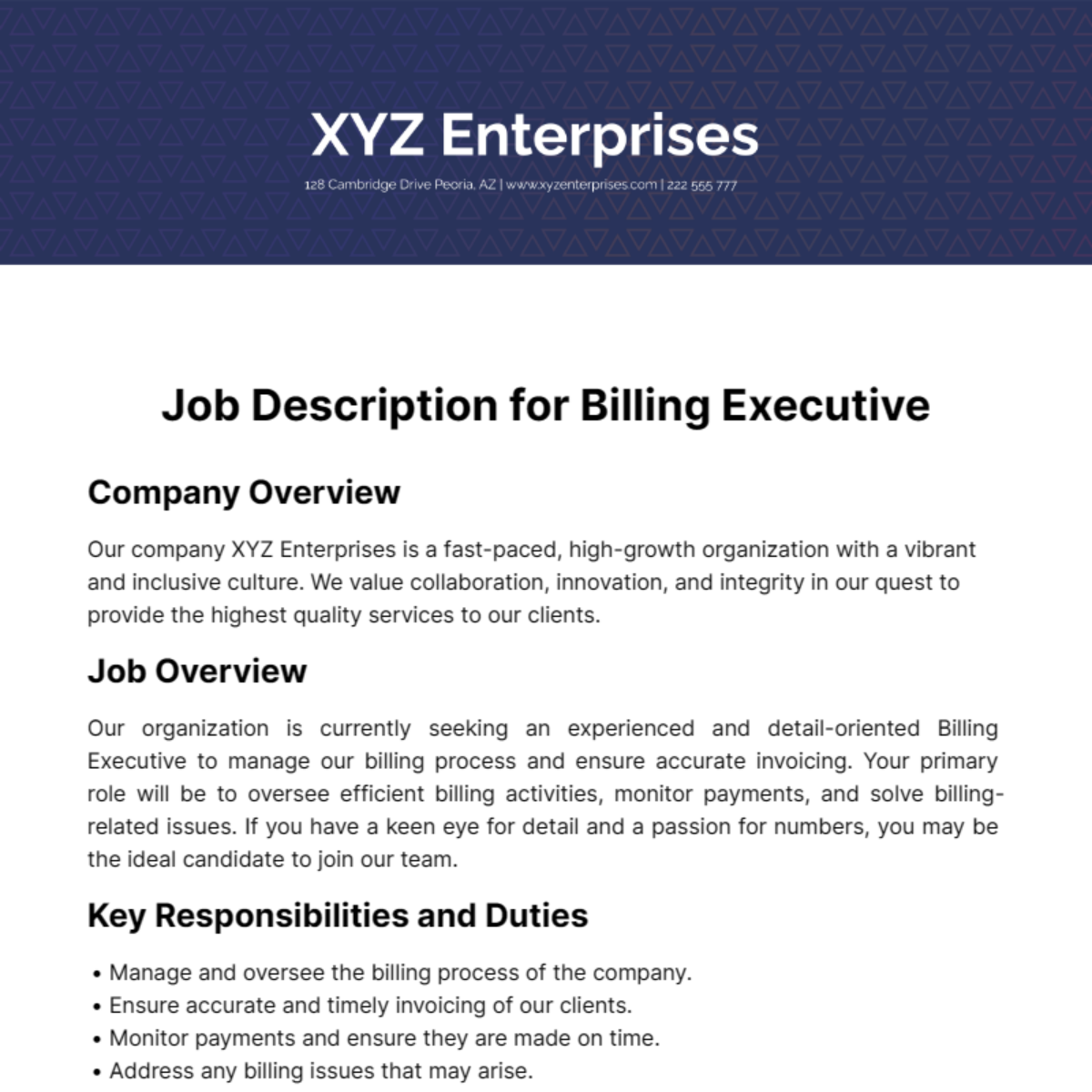 Job Description for Billing Executive Template