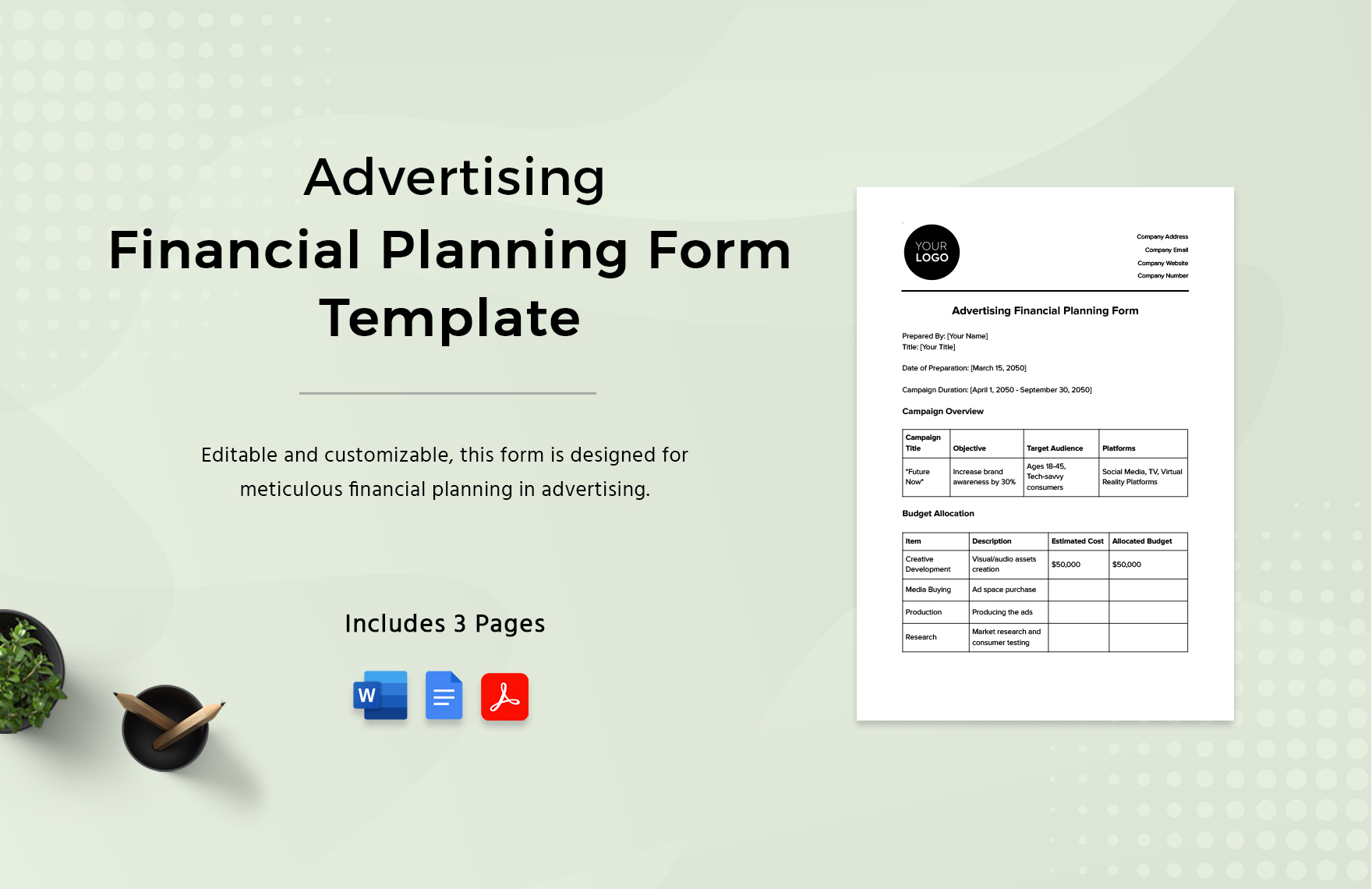 Advertising Financial Planning Form Template