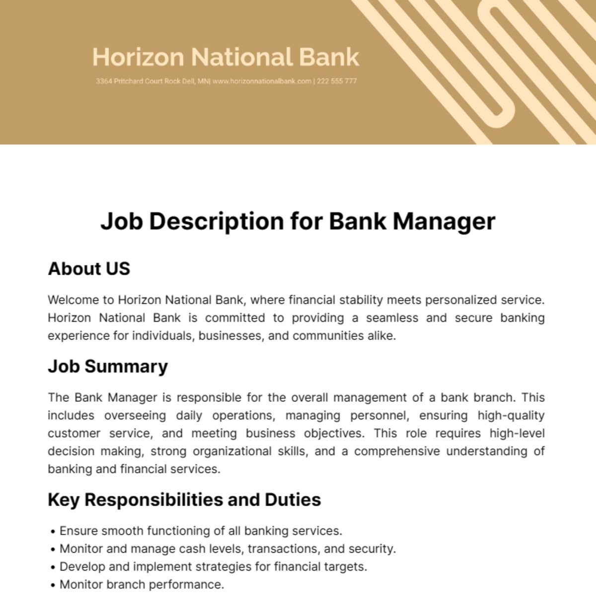 Job Description for Bank Manager Template