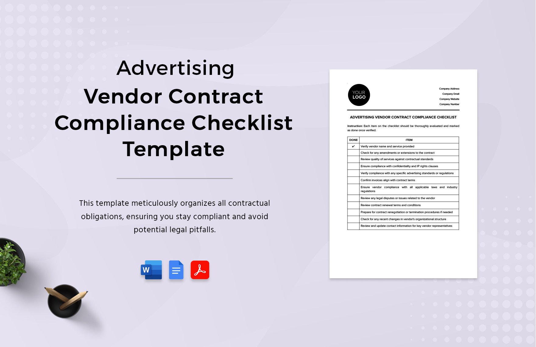 Advertising Vendor Contract Compliance Checklist Template in Word, Google Docs, PDF