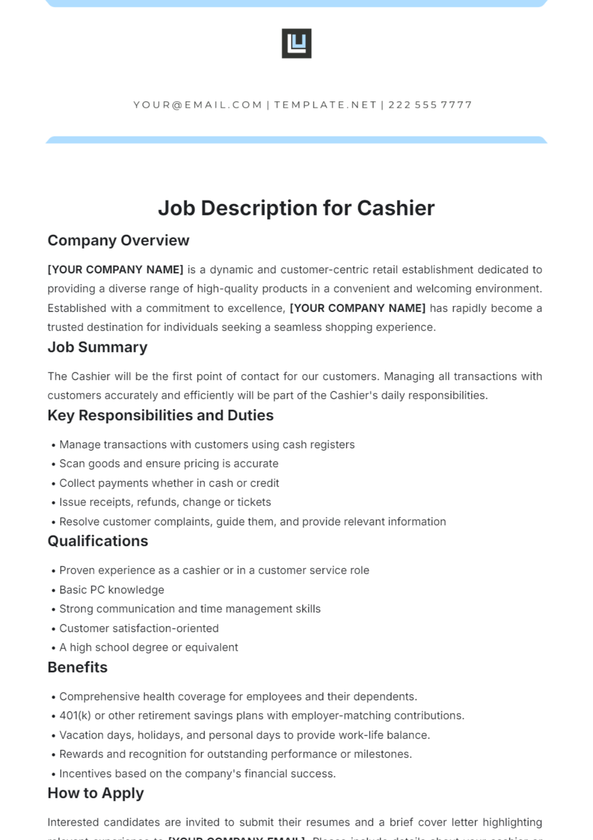 Job Description for Cashier Layout Template - Edit Online & Download