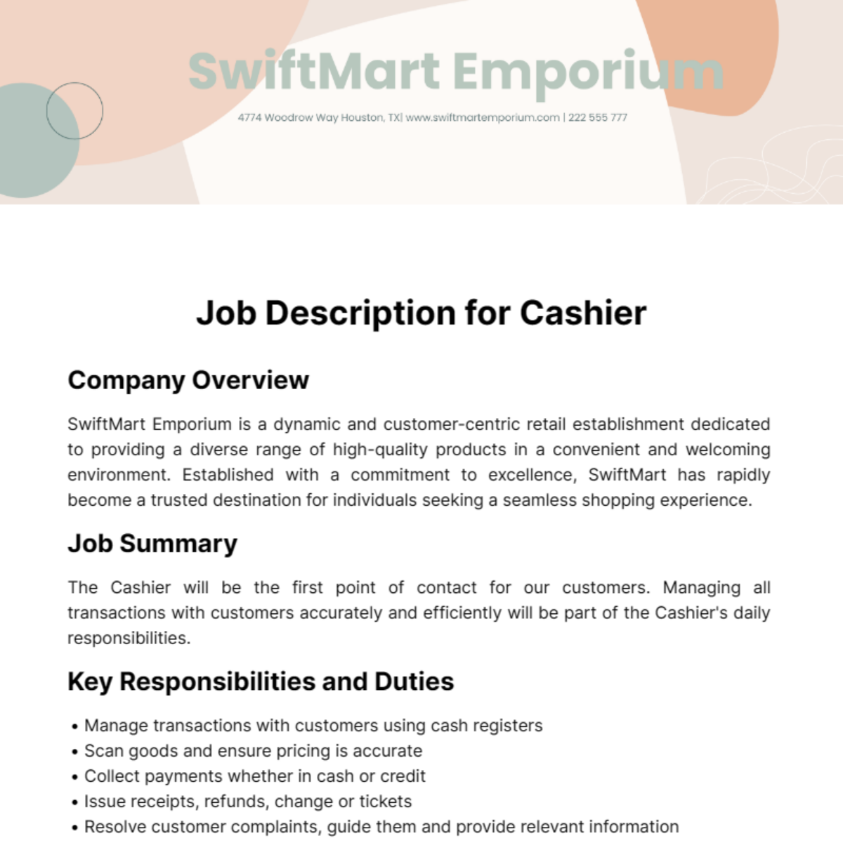 Job Description for Cashier Template