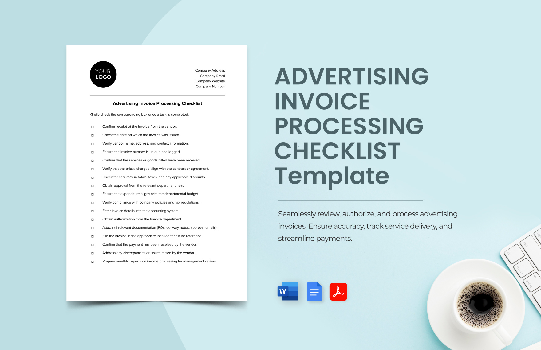 Advertising Invoice Processing Checklist Template in Word, Google Docs, PDF
