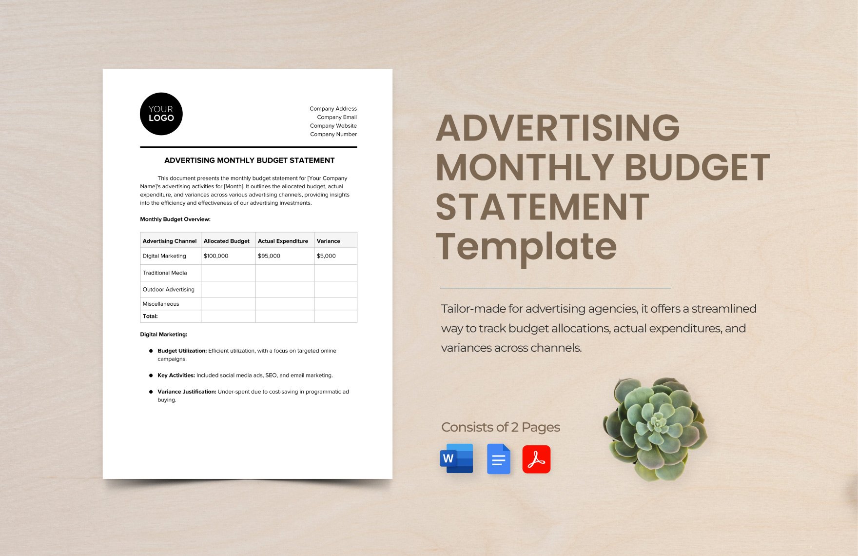Advertising Monthly Budget Statement Template