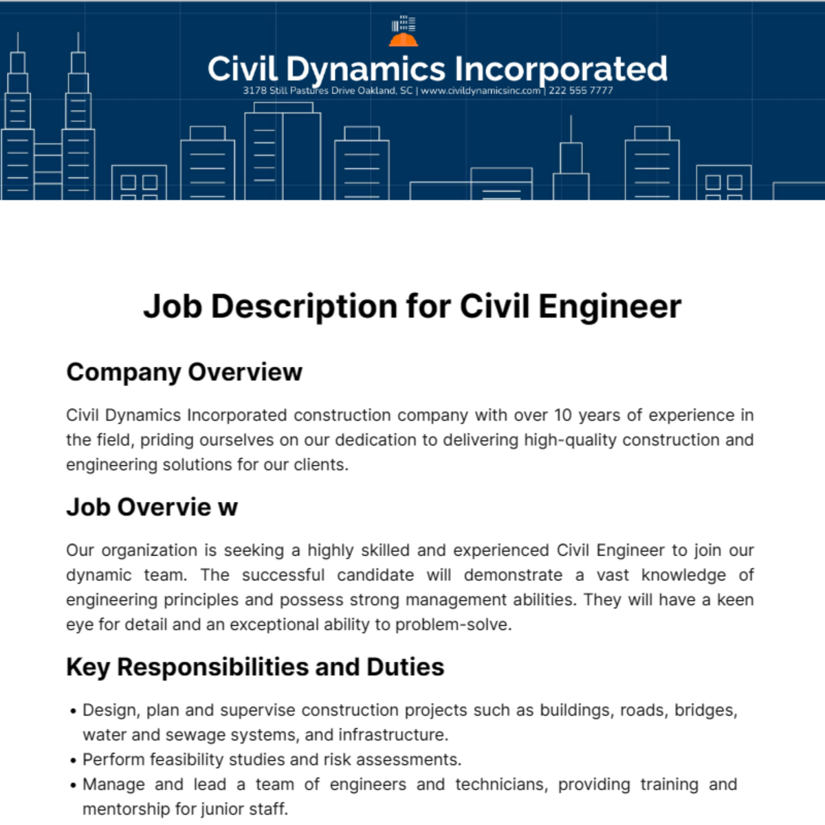 Job Description for Civil Engineer Template