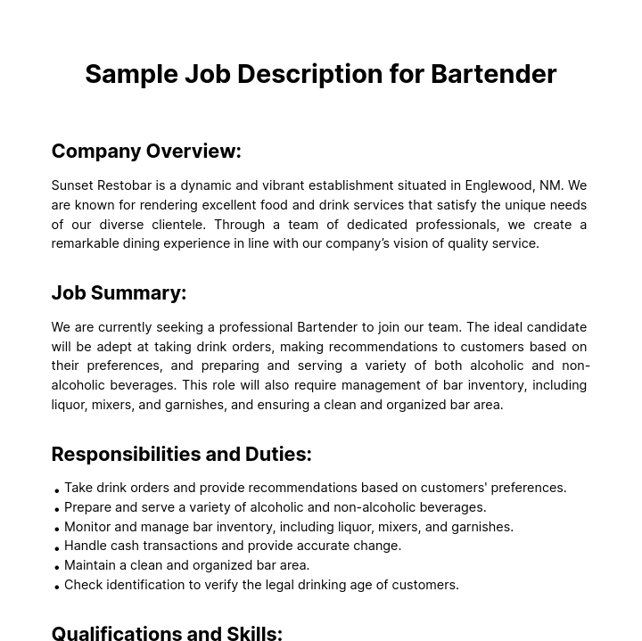Sample Job Description for Bartender Template