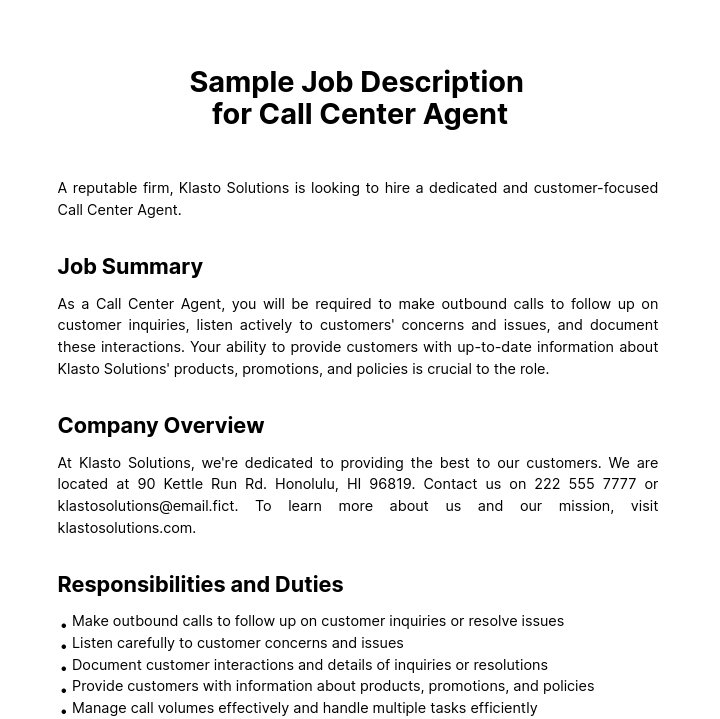 Sample Job Description for Call Center Agent Template